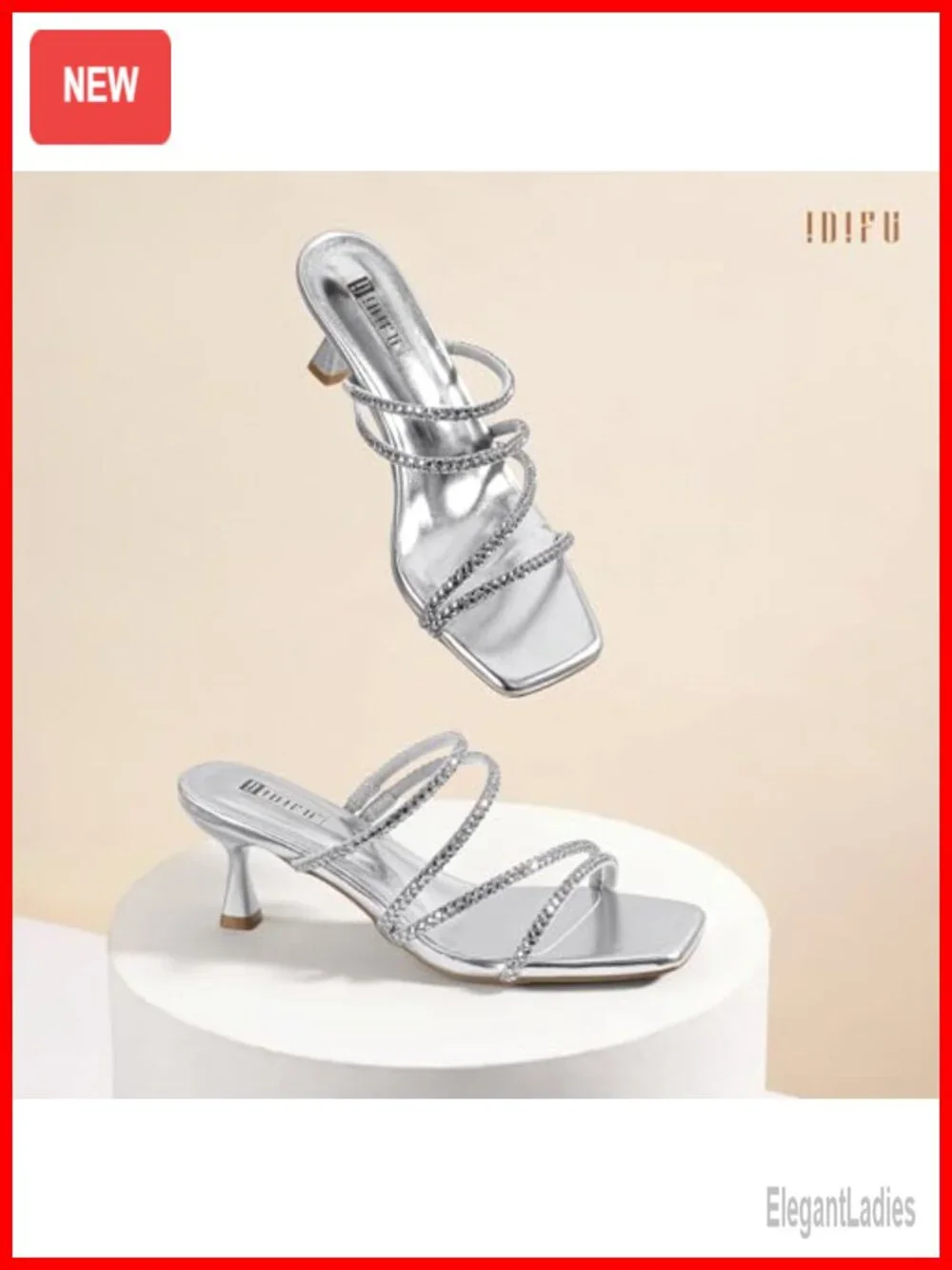 IDIFU Rhinestone Strappy Kitten Heels Slip On Slingback Square Toe Heeled